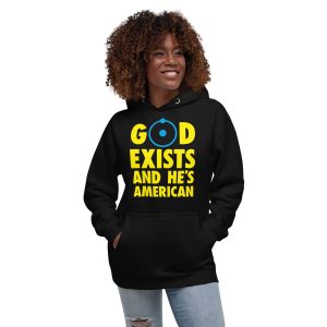 Sudadera con capucha y diseño: "God exists, and he is american"